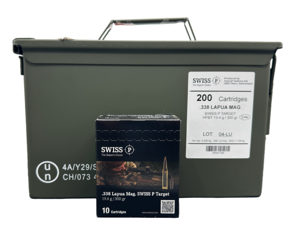 Swiss P 338 Lapua Mag 300gr HPBT Target - Entire Ammo Can (20 boxes / 200 rounds)