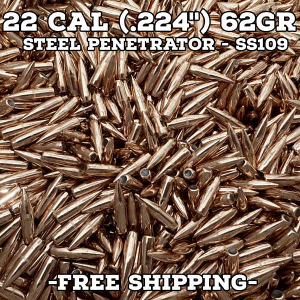 22 Cal (.224") 62gr FMJ Steel Penetrator (SS109) Bullets - 500 ct