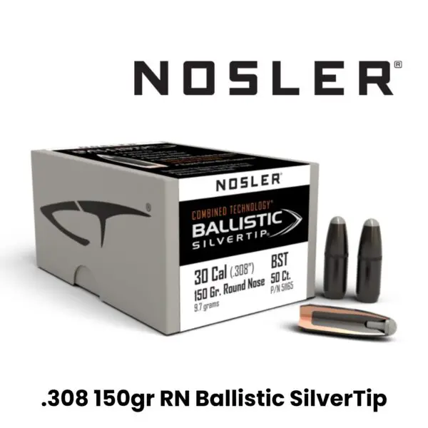 Nosler 30 Cal (.308″) 150gr RN Combined Technology Ballistic Silver Tip - 50ct