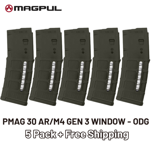 MAGPUL PMAG AR/M4 Gen 3 Window ODG 223/5.56 30 Round Rifle Magazine (5-pack) - Free Shipping