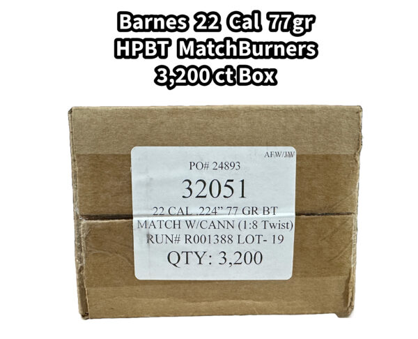 Barnes 22 Cal (.224") 77gr HPBT Matchburner Bullets - 3,200 ct Bulk Box